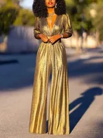 Uoozee Female Fashion Sexy Deep V-neck High Waisted Wide Leg Jumpsuits 2025 New Long Sleeves Solid Color Loose Party Outfits - Image 4