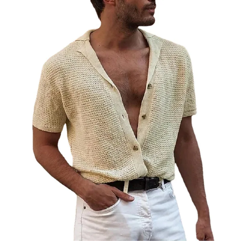 Fashion Men\'s Casual Short-sleeved Top Knitted Single-breasted Cardigan Lapel Sweater