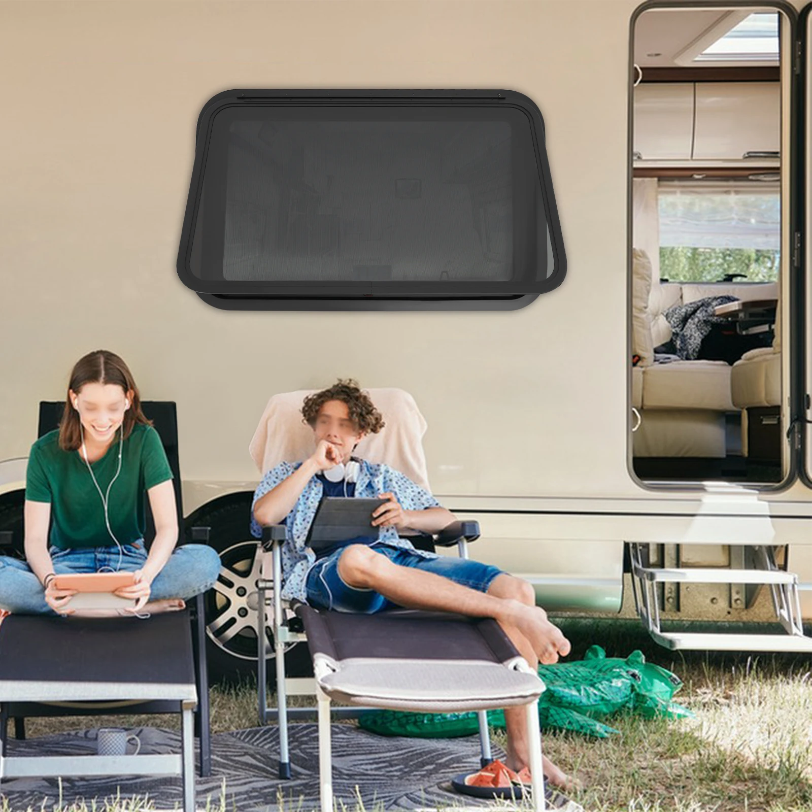 Modern Rectangular RV Exit Window Replacement with Trim Ring and Screen Push Out Glass Camper Window for Vehicles, Trailers