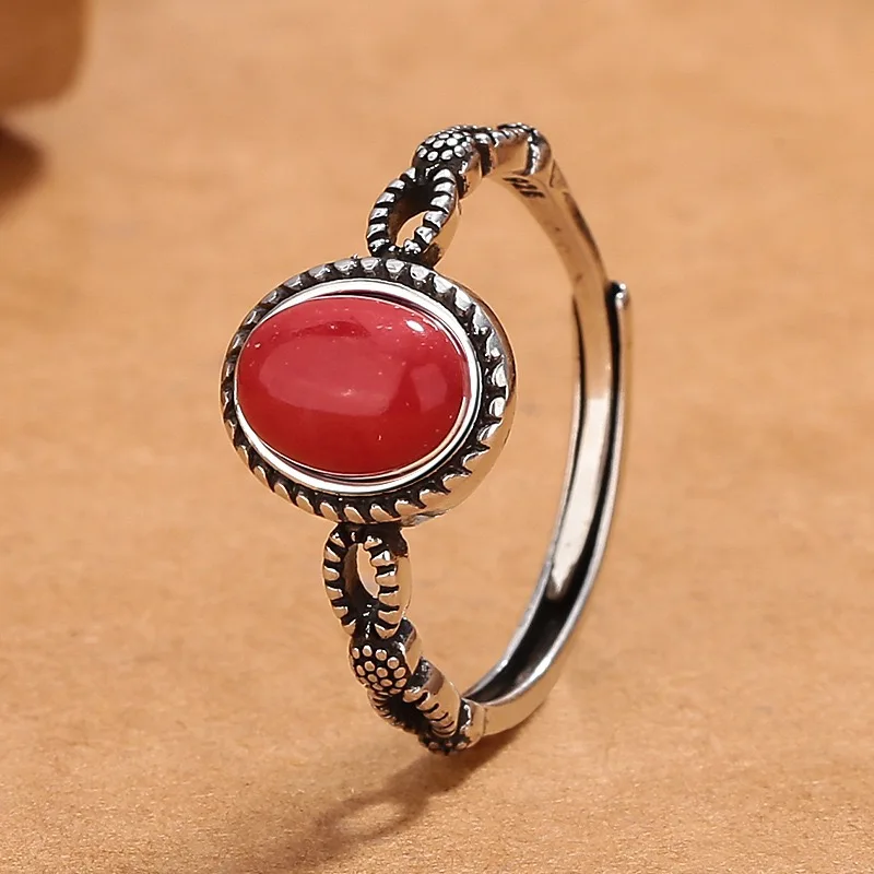 

925 Sterling Silver Rings For Women Geometric Fine Jewelry Finger Adjustable Simple Red Stone Ring For Party Birthday Gift