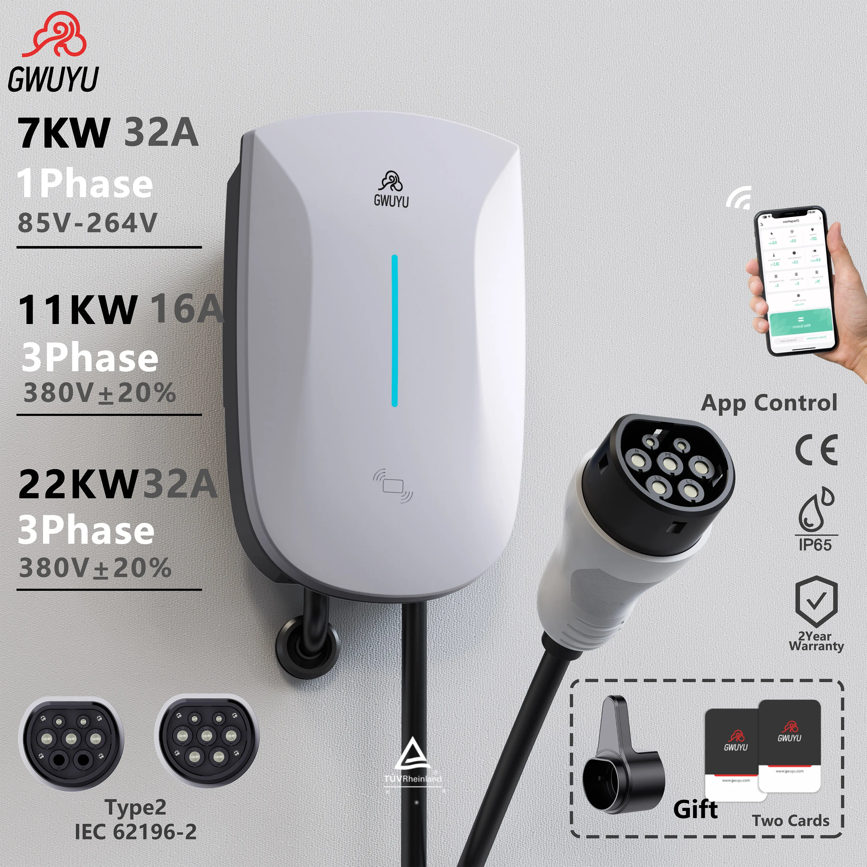 

Зарядная станция GWUYU 32A для электромобилей, 11 кВт, 22 кВт, 3 фазы, зарядное устройство для электромобилей 7 кВт Type2 IEC62196-2 EVSE Wallbox с управлением через приложение, 5 м