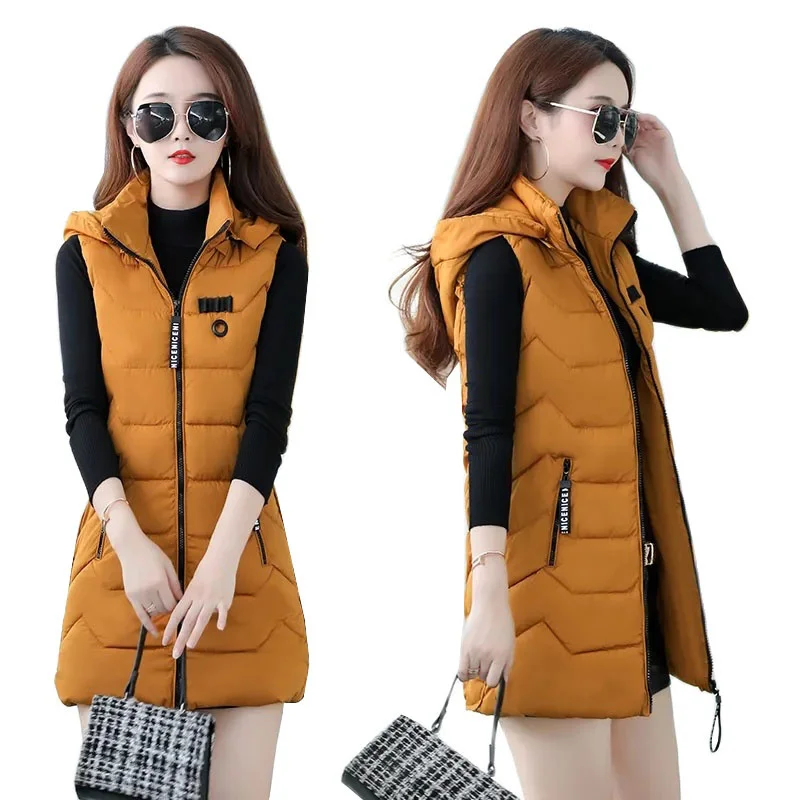 

NicePop Winter Jacket Women Parkas Hooded Mid-length Vest Coat Jackets Female Cotton Padded Parka Down Cotton Waistcoat Tops