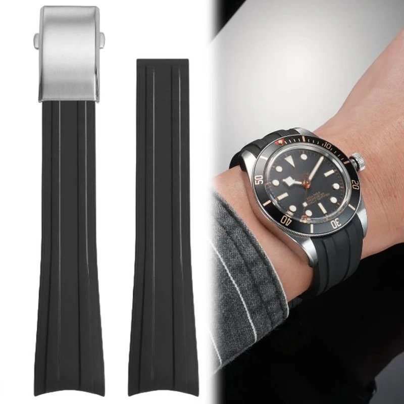 

Высококачественный изогнутый ремешок из фторкаучука 20 мм для Tudor Biwan 39, циферблат Black Bay 1958 M79030, ремешок из фторкаучука с складной застежкой