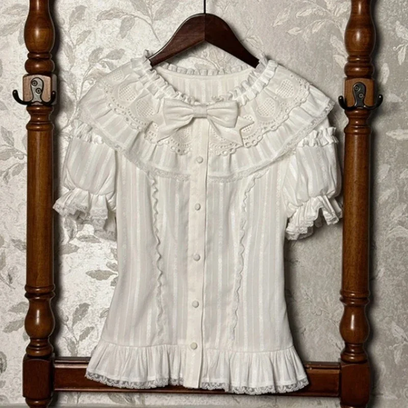 

Summer Sweet Women Vintage Lolita Style Shirts Kawaii Puff Short Sleeve Ruffle Bow Blouses Girls Student Punk Cute Princess Tops