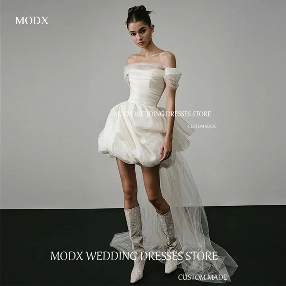 

OLOEY Mini Sexy Short Wedding Dresses Off Shoulder Soft Tulle Mini Bride Gowns Corset Back Korea Photo shoot Princess