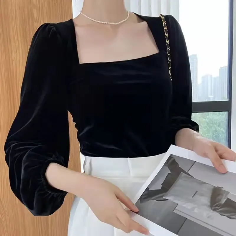 Chic Black Flannel Blouses Women Vintage Lantern Puff Sleeve Velvet Shirts Female French Style Square Collar Casual Tops