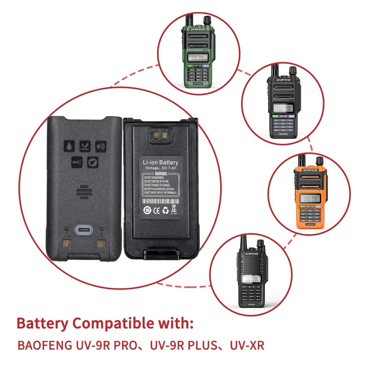 Baofeng UV-9R Pro UV9R Plus Li-ion Battery Support Type-C/USB Charge for Baofeng UV-9R Plus Pro UV-XR Portable Walkie Talkie