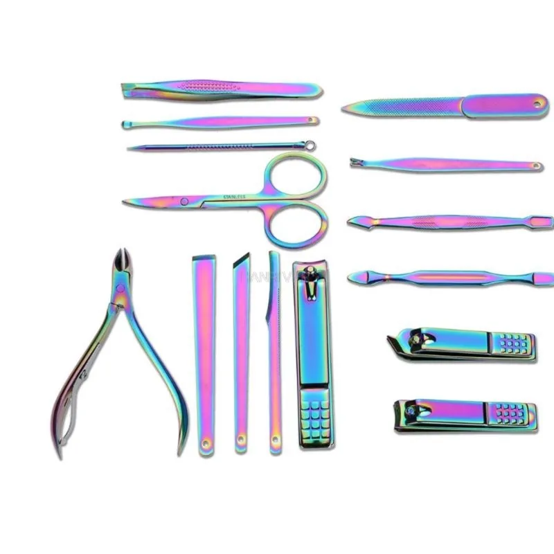 Set tagliaunghie arcobaleno Kit per manicure in acciaio inossidabile Forbici per unghie per uso domestico Pinzette Cucchiaio per orecchie Strumenti per manicure per unghie di bellezza