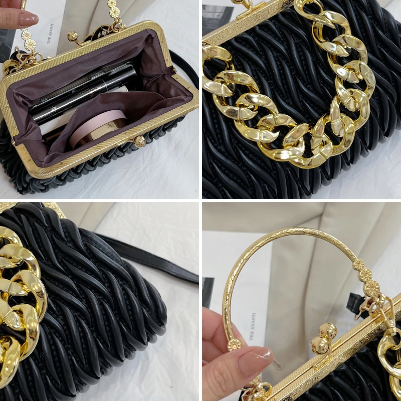 Gold Thick Chain Handbag Women Fashion Water ripple Crossbody Bags Elegant Wedding Clutch Luxury Designer Messenger Shoulder Bag