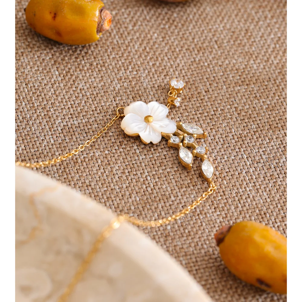 Yhpup Stainless Steel Shell Flower Pendant Necklace Tarnish Resistant Spring Style Zirconia Exquisite Plant Collar Jewelry Gift