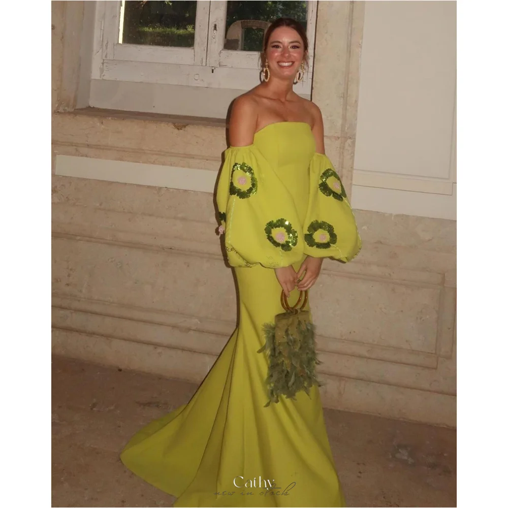 

Cathy Customized Yellow Off Shoulder Puff Sleeve Prom Dress Appliques Lip vestidos de noiva Sheath Sweep Train Evening Dresses