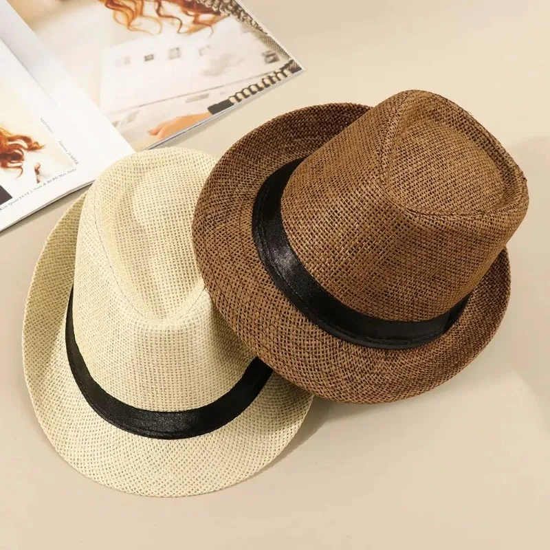 Fashion Men Gangster Cap Wide Brim Straw Hat Panama Cap Sun Hat Jazz Dress Cowboy Summer Solid Color Fedoras Ribbon Gangster