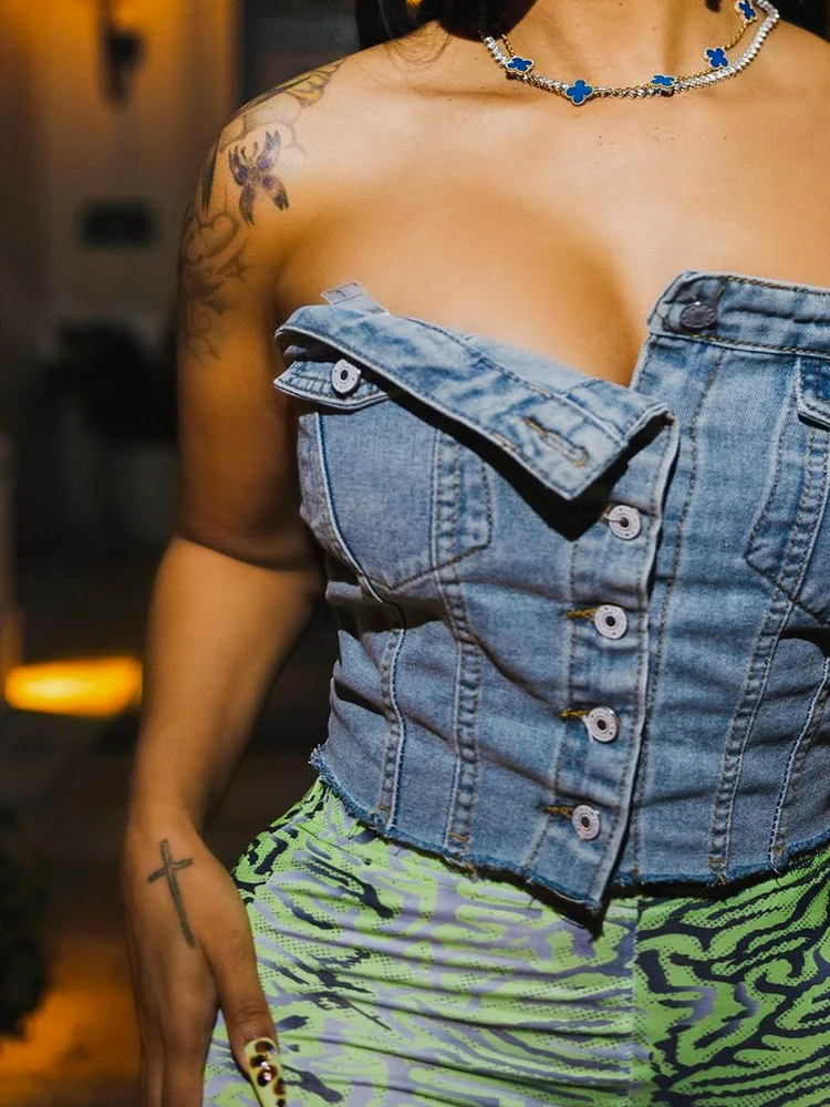 ملابس علوية صيفية للنساء من kliou ملفوفة من قماش الدنيم مثير مكشوف الصدر للفتيات M23L28697 ملابس علوية قصيرة للعمر تناسب جميع الأعمار والحفلات #2