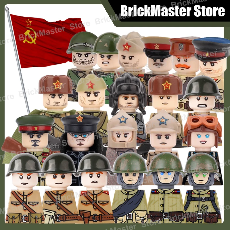 MOC – blocs de construction de figurines de soldat d'officier soviétique militaire, casque de guerrier d'infanterie médicale de l'armée rouge, briques à monter soi-même imprimées, jouet cadeaux