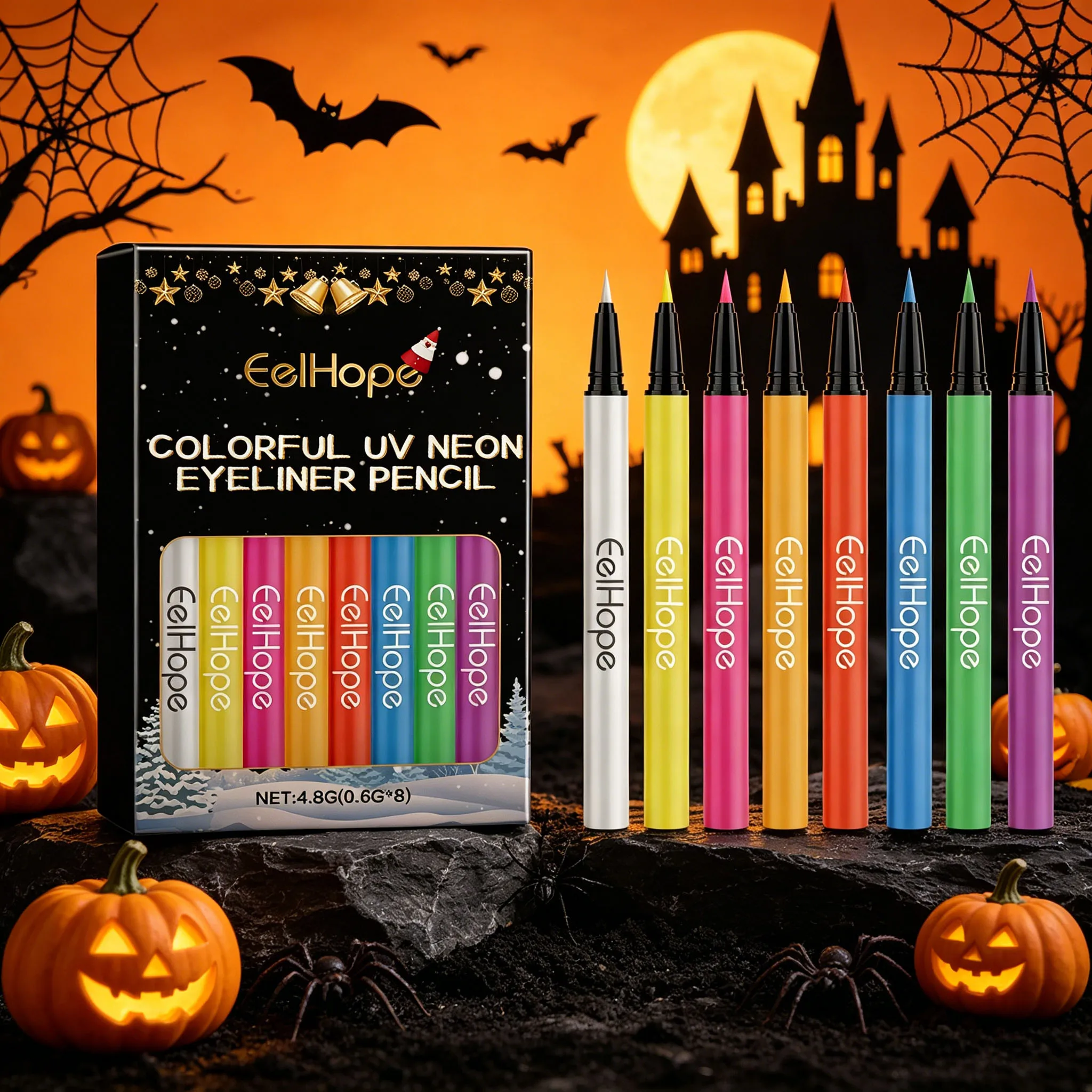 8 Colors UV Neon Liquid Eyeliner Set Quick Dry Smudge Proof Long Lasting Fluorescent Eyeliner Pen Halloween Christmas Party Make