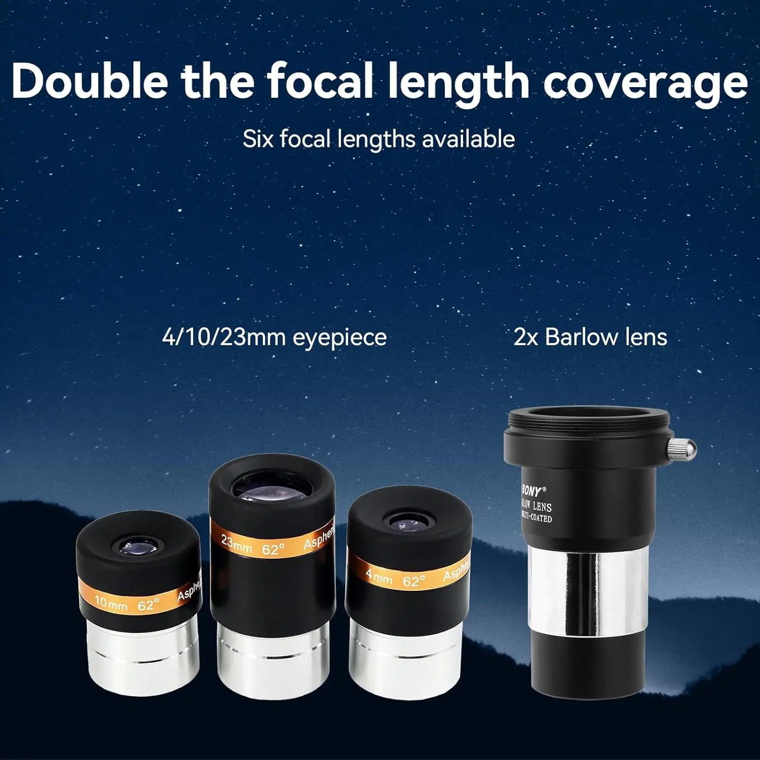 Svbony عدسات عينية 4 مم وعدسة تلسكوب وعدسة بارلو SVBONY 2X وعدسة عينية كروية بزاوية واسعة 62 درجة وملحق تلسكوب