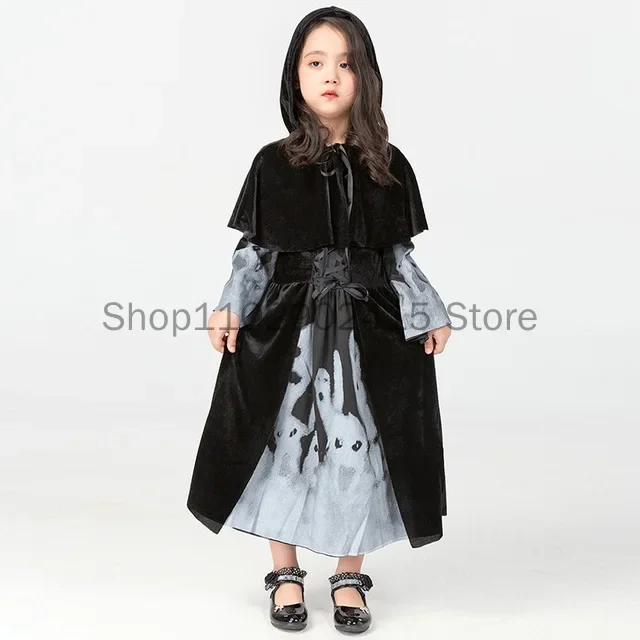 Mantello di velluto di Halloween da donna Costume cosplay medievale Fantasma nero Bambini adulti Abito con cappuccio Mantello da mago Wicca gotico Mantello da vampiro