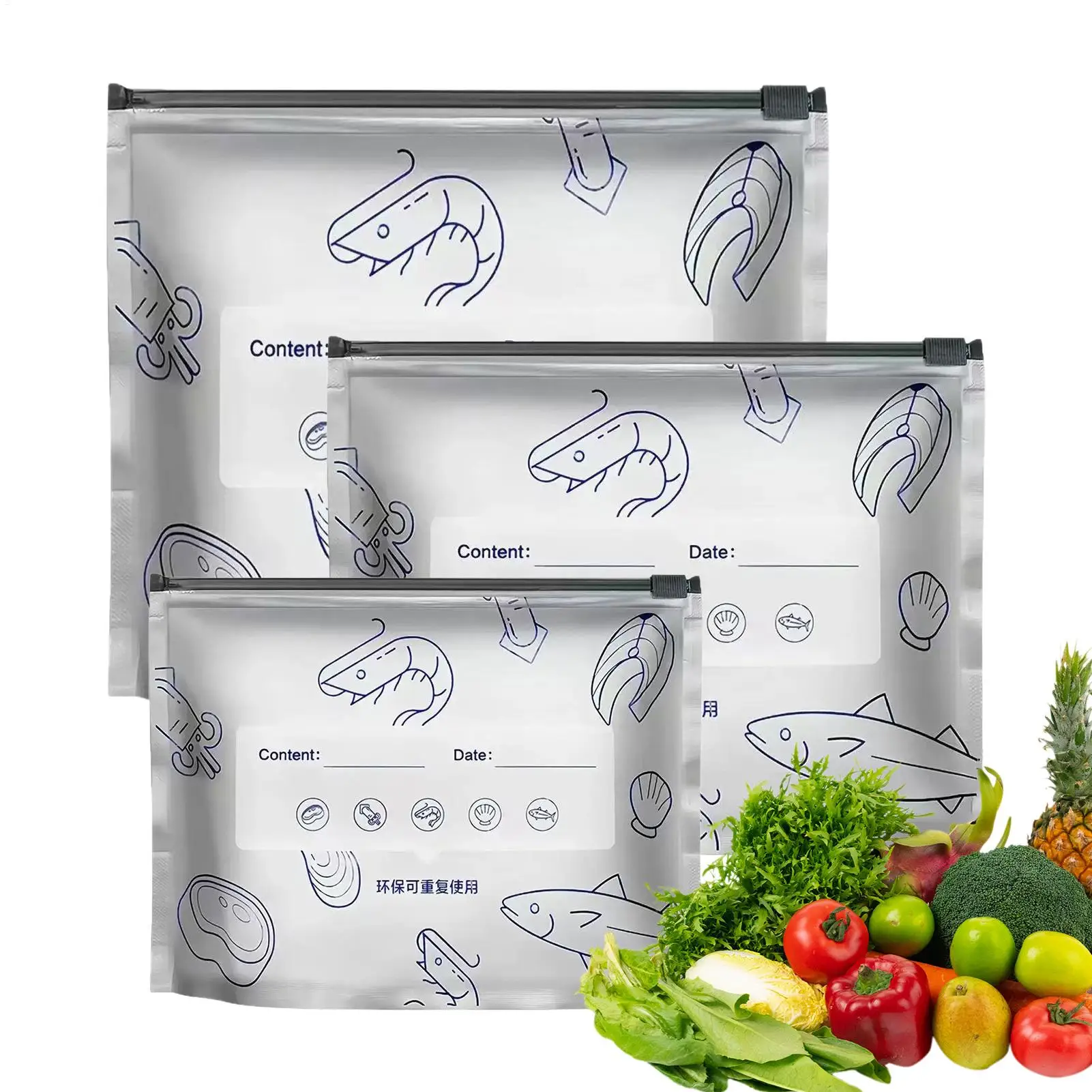 Bolsa sellada con papel de aluminio, 30 unidades, bolsas de almacenamiento reutilizables, bolsas para conservación de alimentos con cordón para verduras, frutas, mariscos, comidas