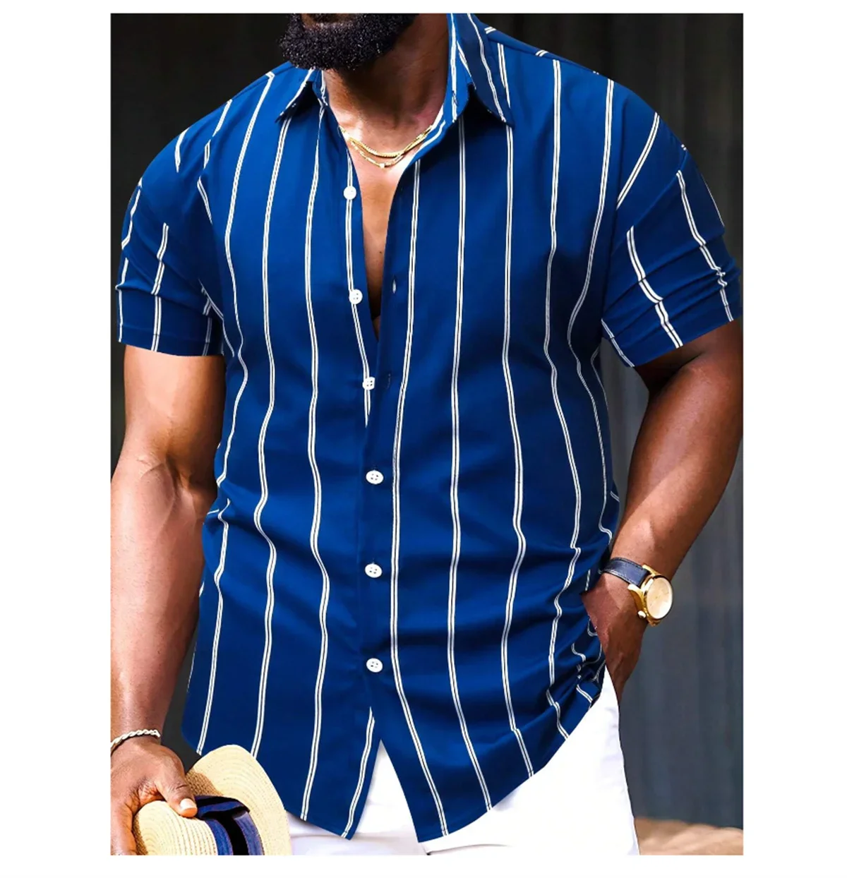 2024 Hawaiian shirt men\'s short sleeved striped patchwork lapel shirt summer fashion street high-quality comfortable clothing