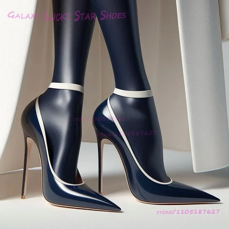 

Dark Blue Black Mirrored Patent Leather Pointed Pump Women White Trim Simple Sandals Summer Stiletto 10/12Cm Heels Custom Shoes