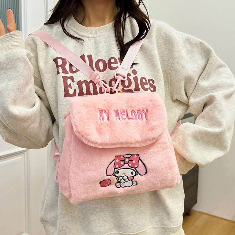 Sanrio Kuromi-女性用クロスオーバーバッグ,カワイイ漫画ショルダーバッグ,かわいい刺embroidery,ふわふわの小さなバックパック,冬,カジュアル,1個