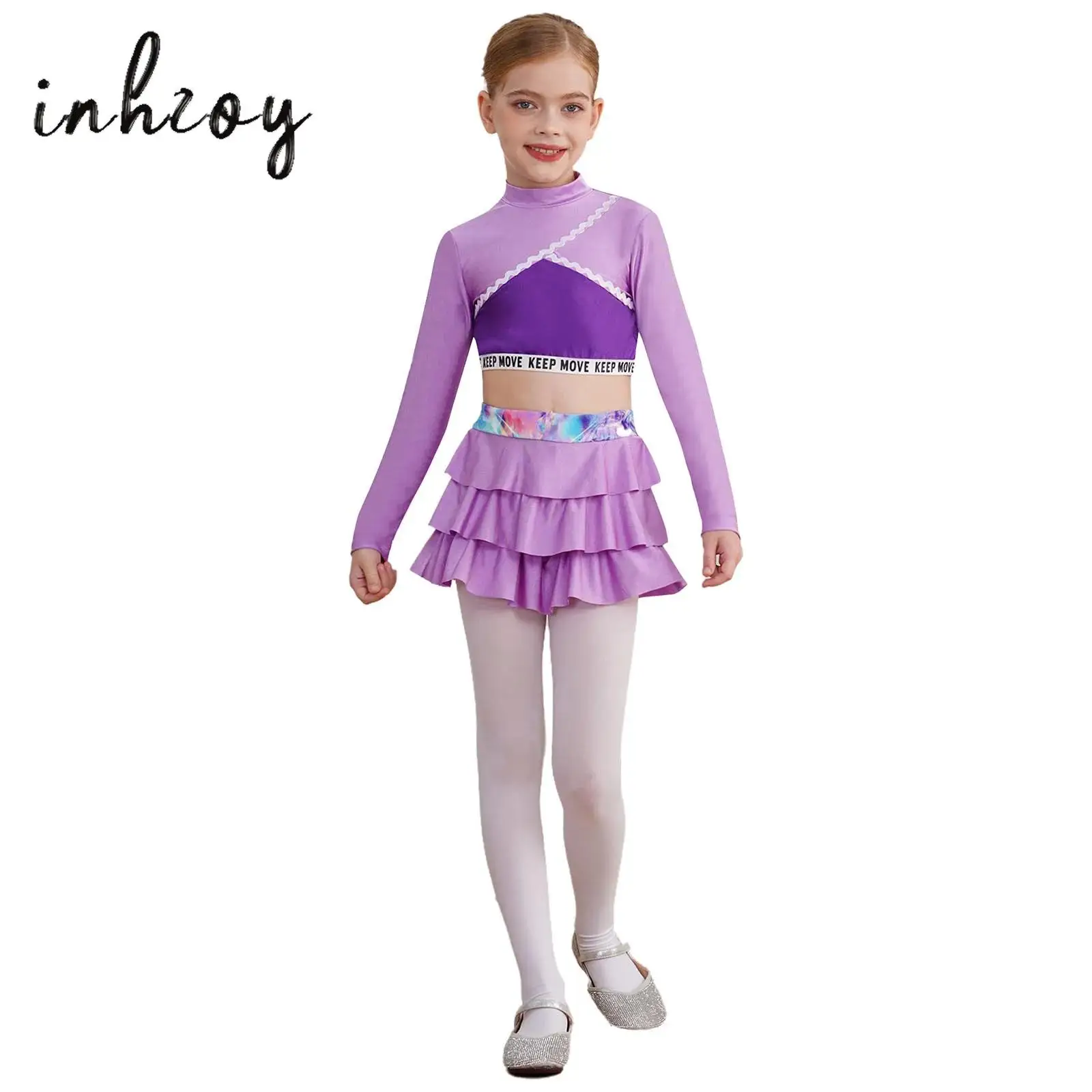 

Kids Girls 2 Pieces Figure Sakting Jazz Dance Costume Long Sleeve Crop Top with Skirt Set Tennis Golf Sportswear Athletic Outfit