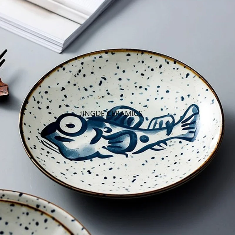 

Japanese Ceramic Dining Plate Underglaze Color Seafood Dish Household Circular Dish Kitchen Ceramic Tableware Main Dish Plate