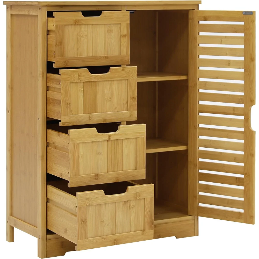 

Bamboo Bathroom Storage Cabinet with 4 Drawers & 2 Removable Shelves, Freestanding Storage Organizer Multifunctional