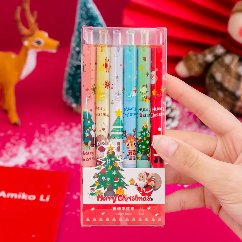 

6pcs/box Christmas Gel Pens Snowman Santa 0.5mm Black Ink Netural Pen Kawaii Stationery Signature Pen Kids Gifts Office Supplies