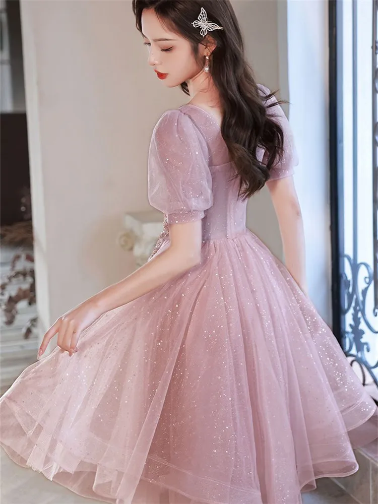 Dress Women Pink Elegant Sequin Square Neck Solid Color Short Sleeve Mid-length A-line Skirt Spring Summer Female Clothing M192