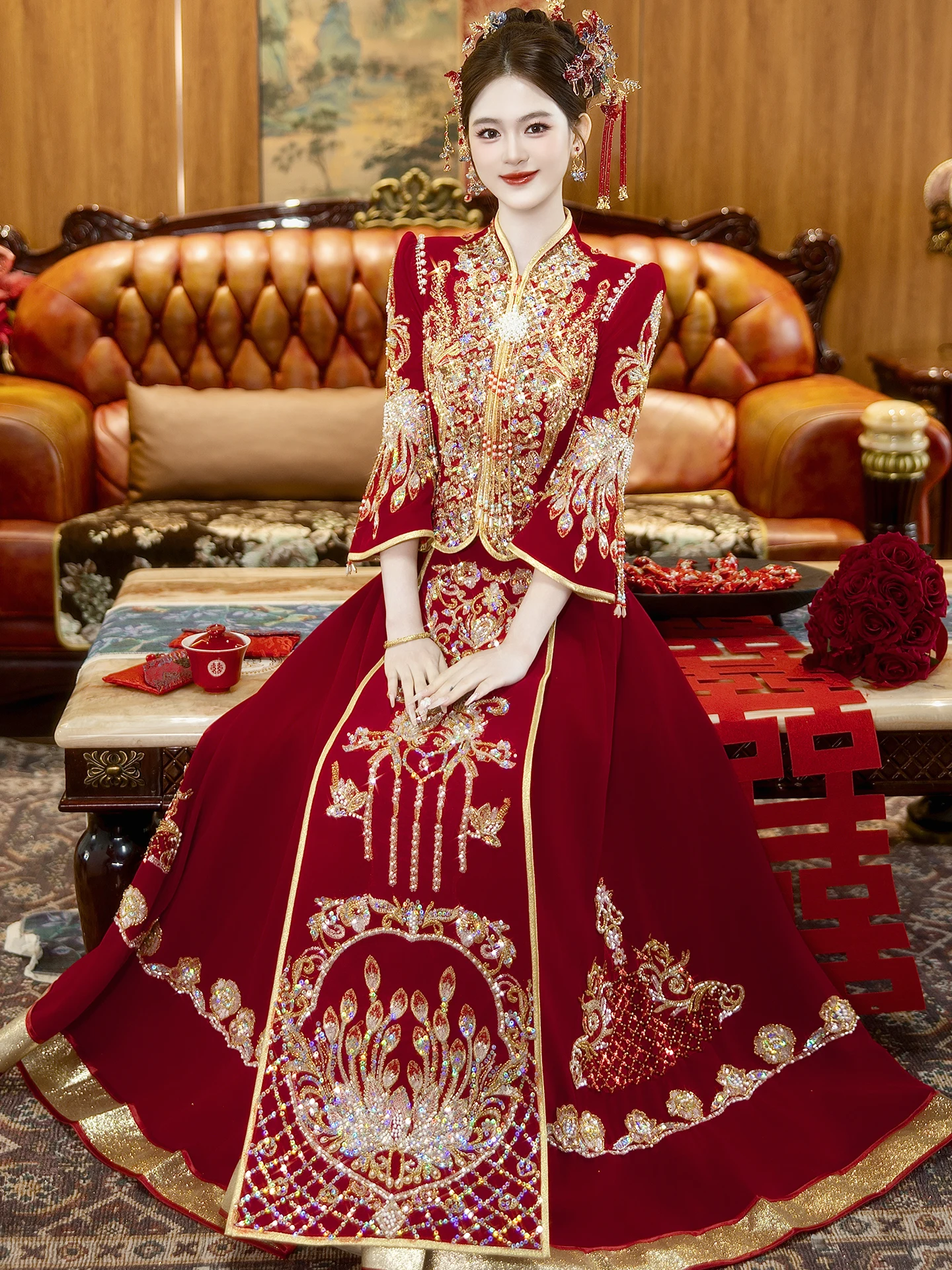 

New 2025 Heavy Work Chinese Sle Wedding Dr for Women New Bride Drinking Ceremony Qipao Feng Elegance Vintage Sle