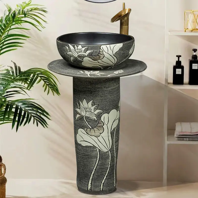 One-Piece Chinese Style Round Pedestal Washbasin for Balcony Courtyard Outdoor Use