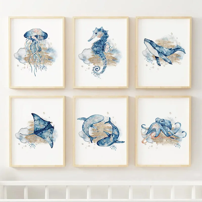 Medusas, caballitos de mar, ballenas, tiburones, pulpos, arte de pared nórdico para guardería, carteles artísticos, impresiones en lienzo, imágenes, decoración para habitación de bebés y niños