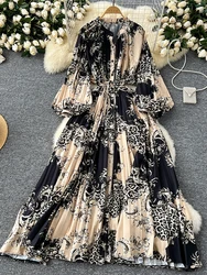 New Spring Autumn Retro Print Pleated Long Maxi Dress Femininity Small Stand-up Collar Puff Sleeve Slim Holiday Dress A99