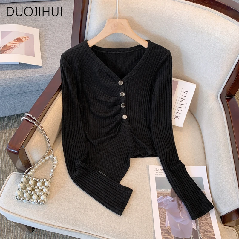 DUOJIHUI-suéteres con cuello en V para mujer, jerseys femeninos irregulares, Color puro básico Delgado, suéteres de punto simples, moda de otoño