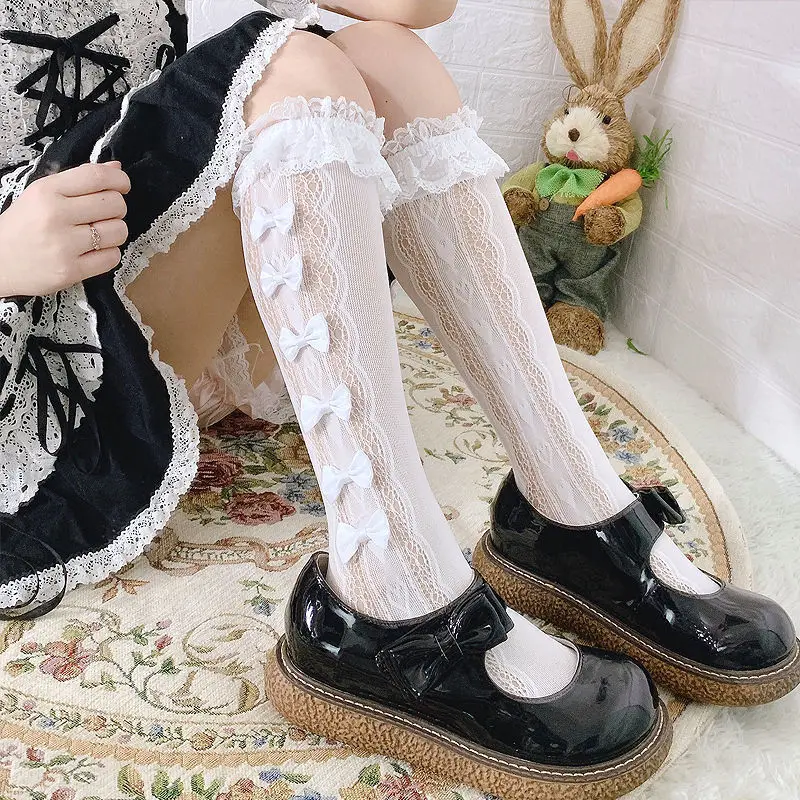 Stretchable Lolita JK Socks White Knee Socks with Lace Lolita Calf Socks Women Knee Socks Jk Lace Bow Socks Long JK Socks