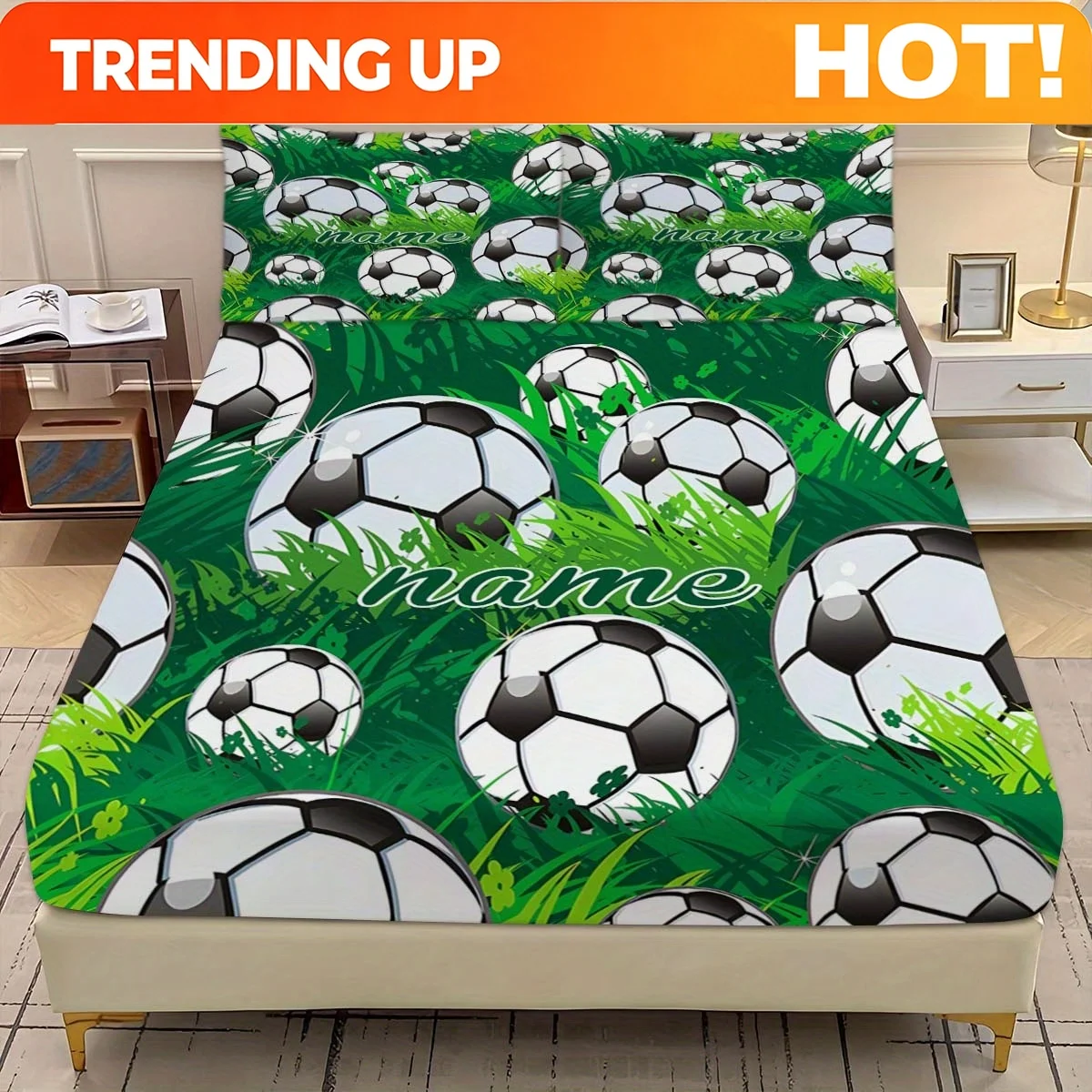 Customize (Customized) Bed Sheet Set - 3pcs Set Football Print in Meadow Customizable Name Mattress Protector (1 Fitted Sheet +