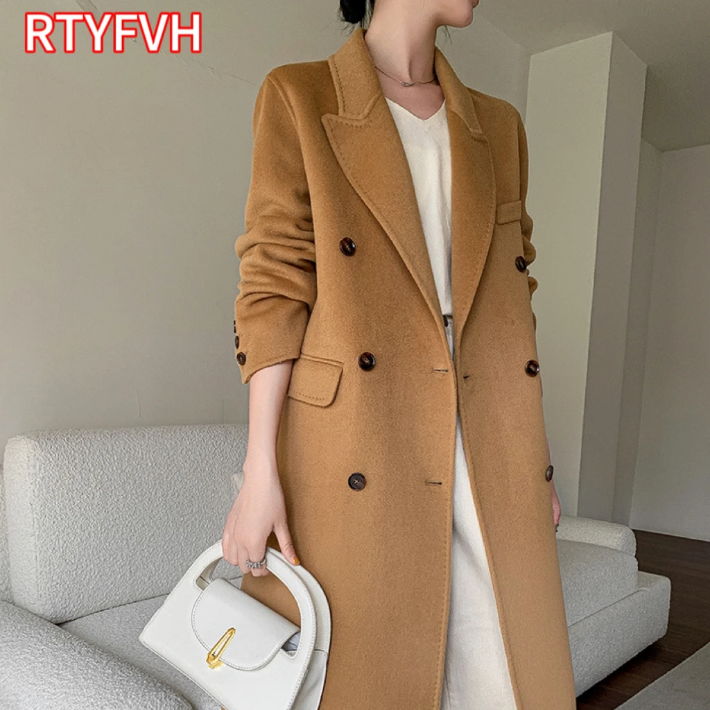 Autumn Winter Long Loose Over Knee Double Breasted Wool Double Sided Overcoat Women's Elegant Luxury Coat Korean Style Fashion