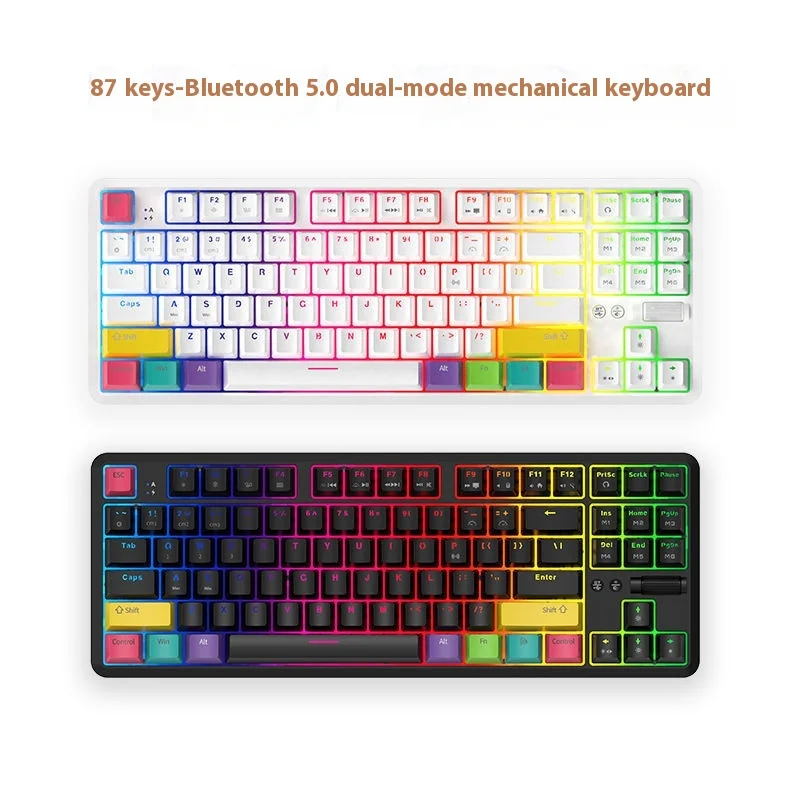 Ajazz K870T Mechanical Keyboard 87 Keys Wireless Bluetooth Dual Mode Hot Swapable Axis Black And White Rgb Backlight Office