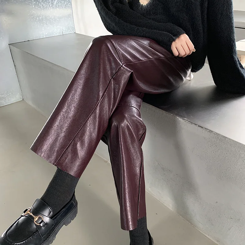 

Women's PU imitation leather pants straight leg wide leg high waist casual autumn and winter leather pants solid color