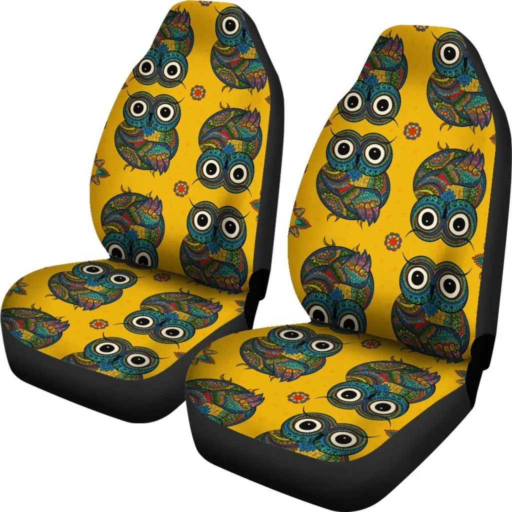 Owl Mandala Yellow Seat Cover Car Seat Covers Set 2 Pc, Car Accessories Car Mats