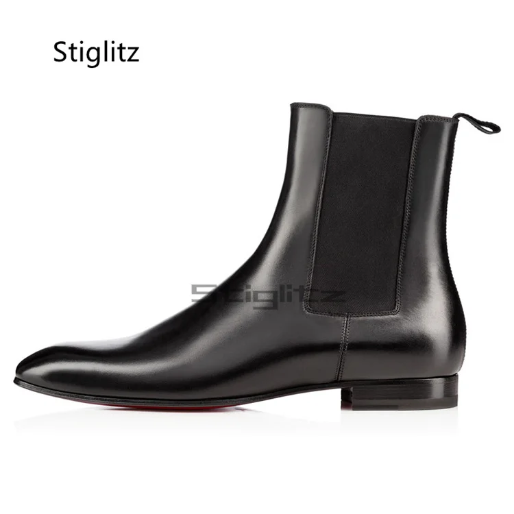 Black Genuine Leather Chelsea Boots for Men Pointed Toe Ankle Boots British Style Men's Low Heel Elastic Boots Business Shoes