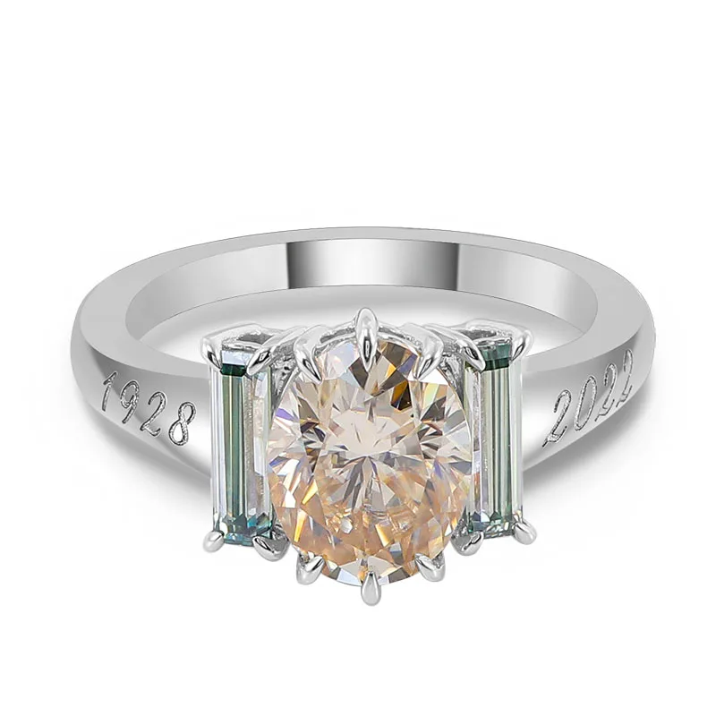 

Provence 14K White Gold Three Stone Ring With 7*9mm Oval Champagne Moissanite Diamond For Women Customizable Engraving Gift