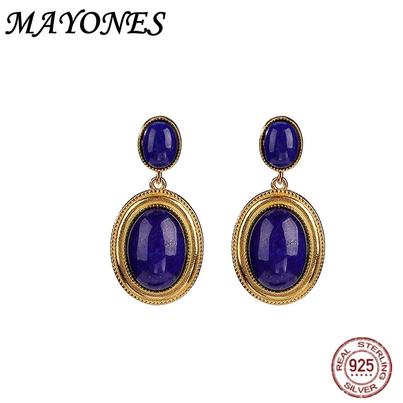 

S925 Pure Silver Gold-plated Lapis Lazuli Light Luxury Temperament Egg Face Earrings Fashionable And Simple Design For Women