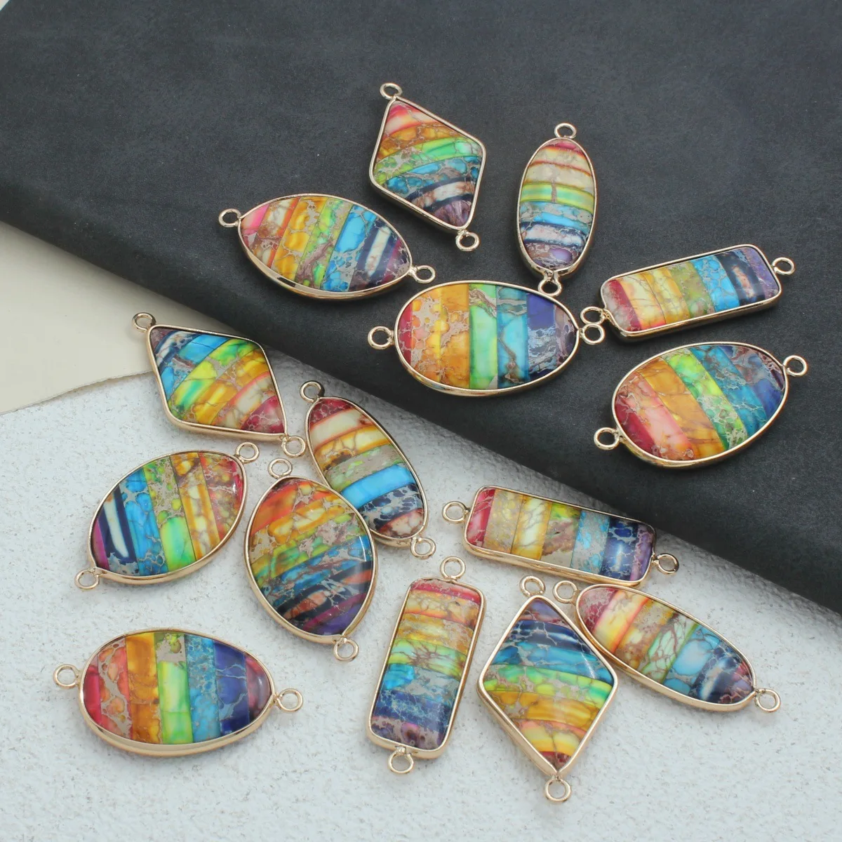 

Cross-border hot sale multi-shape rainbow colorful series natural emperor stone hemming connector pendant DIYjewelry accessories