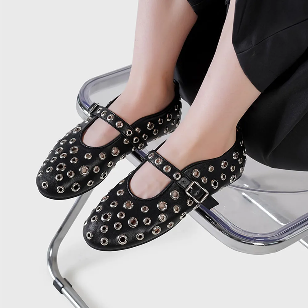 GIGIFOX Hollow Ballet Mary Janes Flats Round Toe Buckle Strap Metal Rivet Shallow Shoes Niche Luxury Design Comfort Women Flats