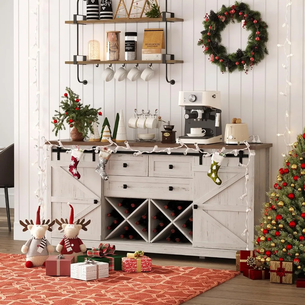 

Farmhouse Sideboard with Sliding Bar Door and 2 Power Outlets/2 USB Ports, Buffet Cabinet, Wine Racks, 3 Extra Drawers