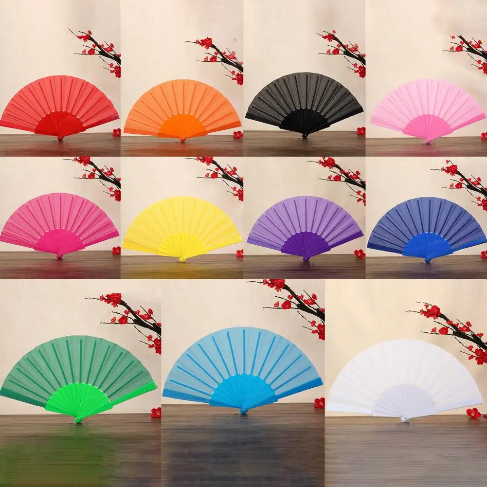 Silk Cloth Plain Folding Fan Solid Color Taichi Morning Exercise Flat Fan Summer Cooling Hand Fans Plastic Bone Fans Party Fans