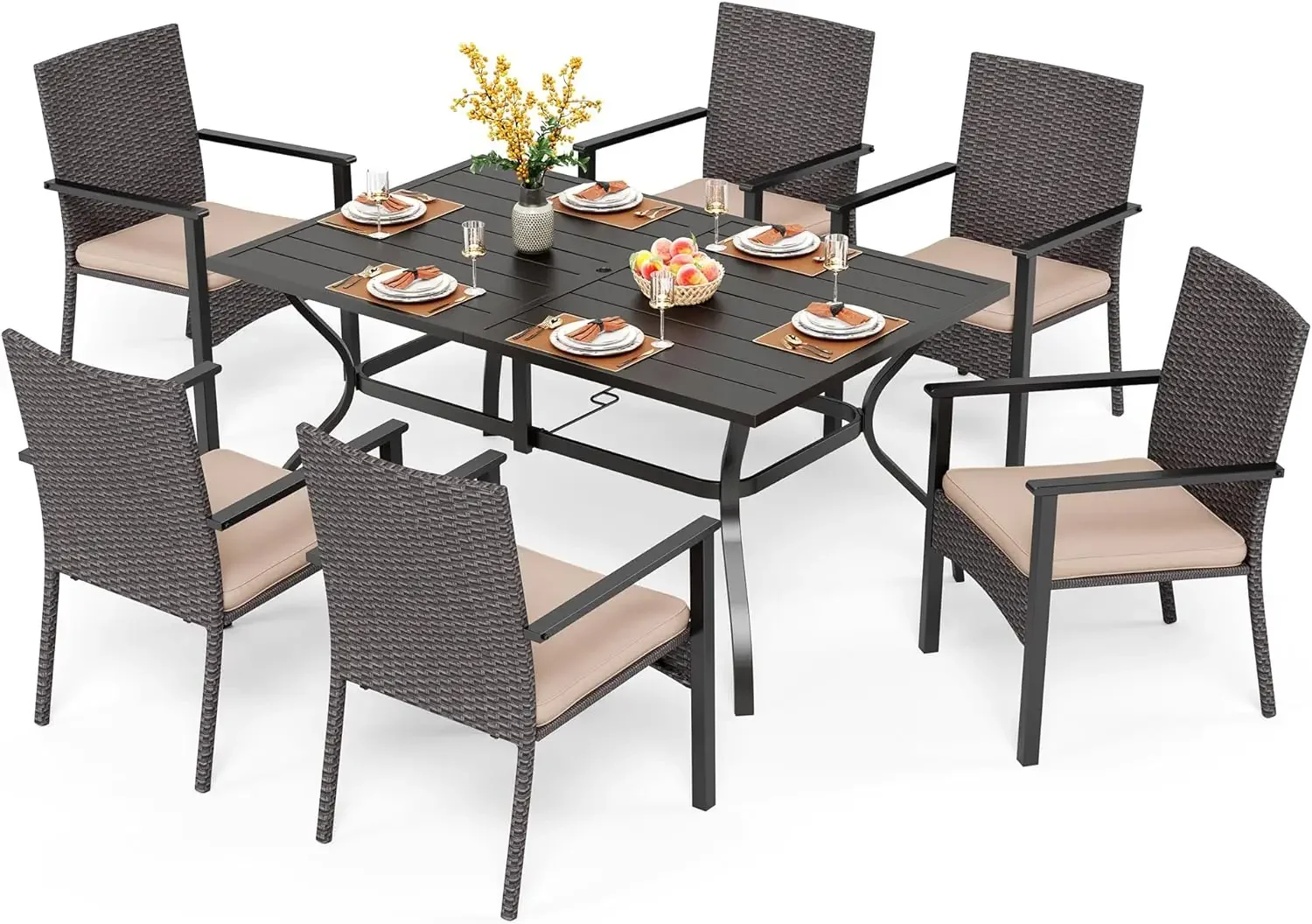 

7 Piece Outdoor Dining Set for 6, Rectangular Metal Dining Table with Umbrella Hole,Cushioned Rattan Chairs for Patio, Deck