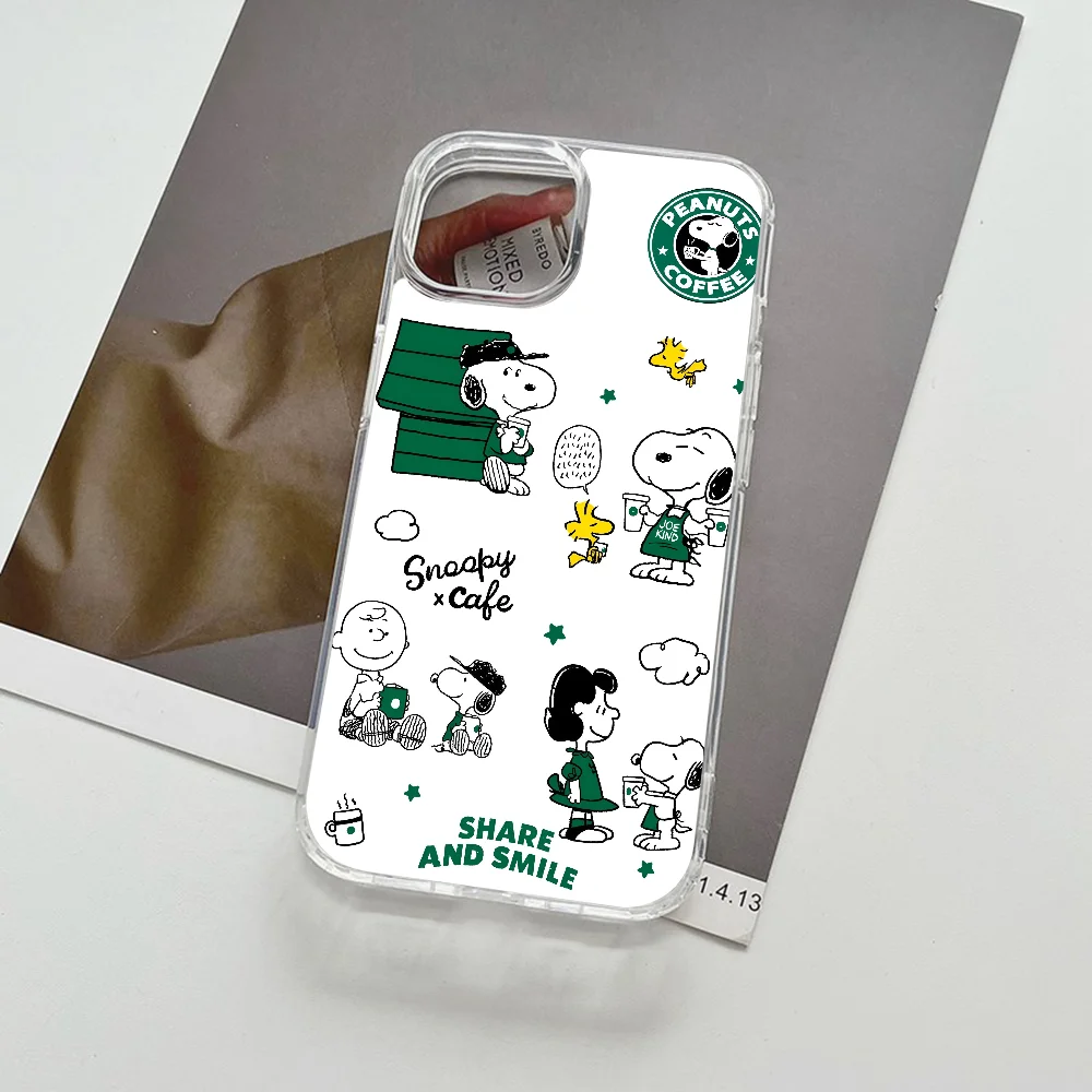 Drinking coffee with S-Snoopy Phone Case Magsafe for iPhone 16 14 13 12 15 Pro Max X XR XS Plus Soft Clear Tpu Cover